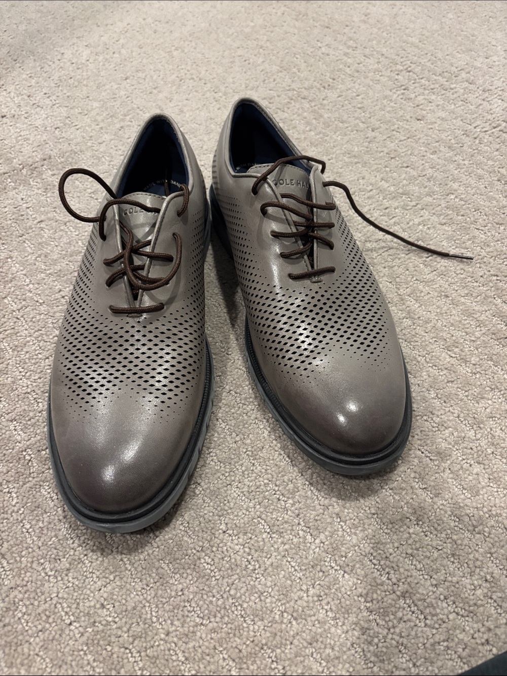 Cole Haan Perforated Leather Derby in Gray with Brown Laces